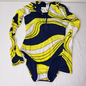 Trina Turk Long Sleeve Zip Up One Piece Swimsuit Rash Guard Geometric Print Navy